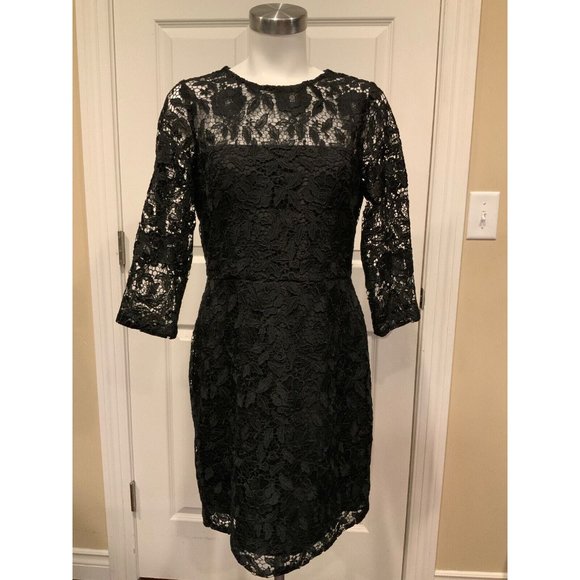 J. Crew Collection Black Floral Lace Overlay 3/4 Sleeve Sheath Dress, Size 6 - Picture 1 of 8